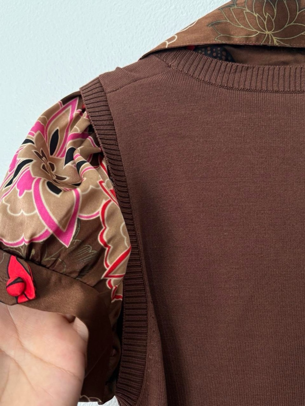 Y2K Baby Doll silk floral empire waist office siren Bebe brown silk blouse - Picture 6 of 8